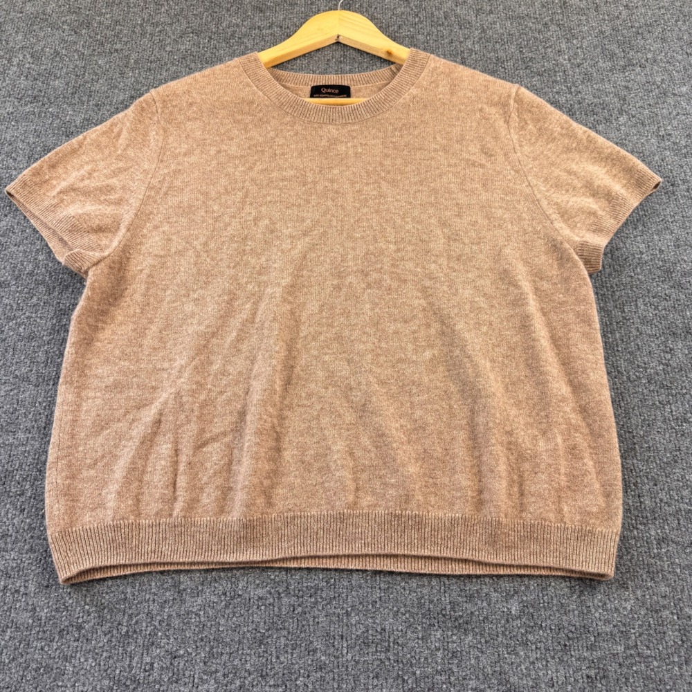 Quince Mongolian Cashmere Sweater Women XL Tan Good Short Sleeve Crew Neck